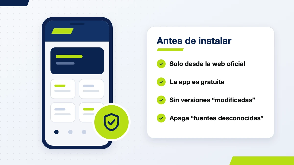 Celular con una pantalla genérica y un escudo de seguridad junto a la lista de control antes de instalar un APK