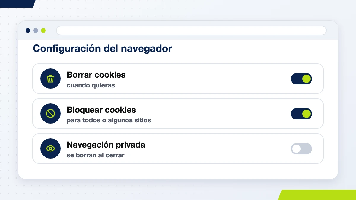 Opciones del navegador para borrar o bloquear cookies y para navegar en modo privado