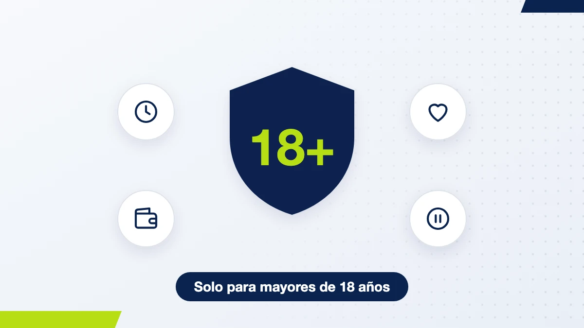 Escudo con el símbolo 18+ rodeado de íconos de tiempo, presupuesto, pausa y bienestar