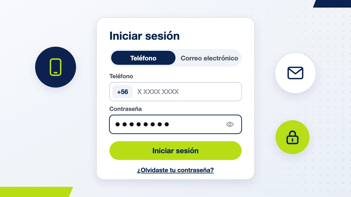 Ilustración del formulario para iniciar sesión en Jugabet con las pestañas Teléfono y Correo electrónico y el campo de contraseña