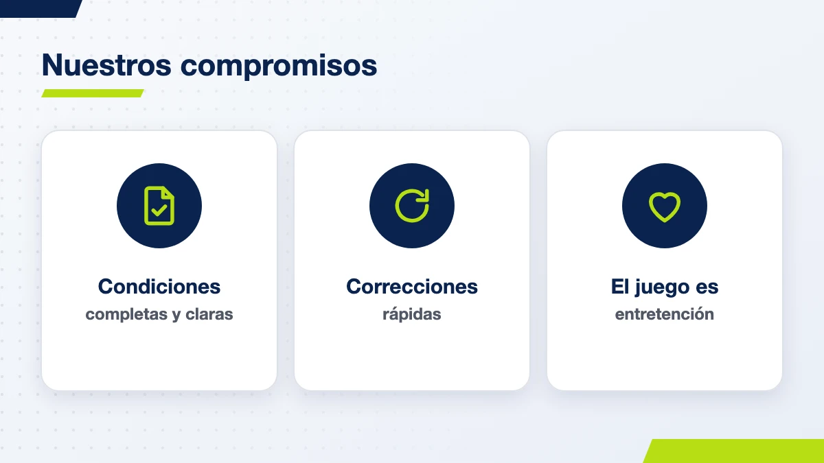 Nuestros compromisos: condiciones completas, correcciones rápidas y el juego como entretención